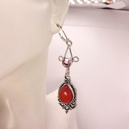 Vintage Red Carnelian Silver Earrings | 925 sterling Silver Lever Backs
