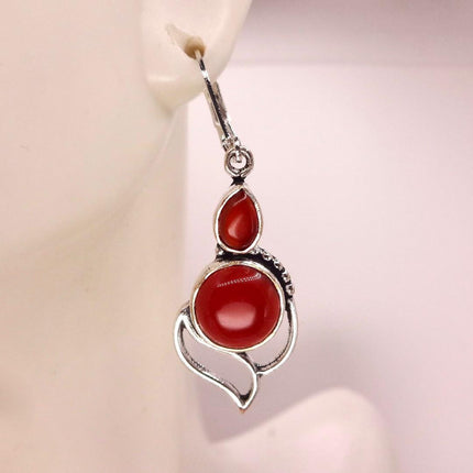 Vintage Red Carnelian Silver Earrings | 925 sterling Silver Lever Backs