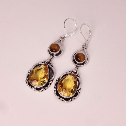 Vintage Yellow Citrine Glass Silver Chandelier Drop Earrings | 925 sterling Silver Lever Backs