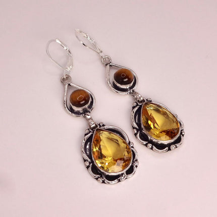 Vintage Yellow Citrine Glass Silver Chandelier Drop Earrings | 925 sterling Silver Lever Backs