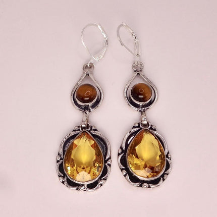 Vintage Yellow Citrine Glass Silver Chandelier Drop Earrings | 925 sterling Silver Lever Backs