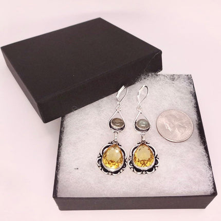 Vintage Yellow Citrine Glass Silver Chandelier Drop Earrings | 925 sterling Silver Lever Backs