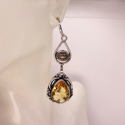 Vintage Yellow Citrine Glass Silver Chandelier Drop Earrings | 925 sterling Silver Lever Backs
