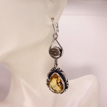 Vintage Yellow Citrine Glass Silver Chandelier Drop Earrings | 925 sterling Silver Lever Backs