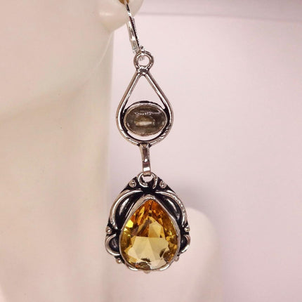 Vintage Yellow Citrine Glass Silver Chandelier Drop Earrings | 925 sterling Silver Lever Backs