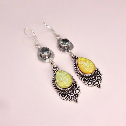 Vintage Green Yellow Glass Dangle Earrings Sterling Silver Leverbacks