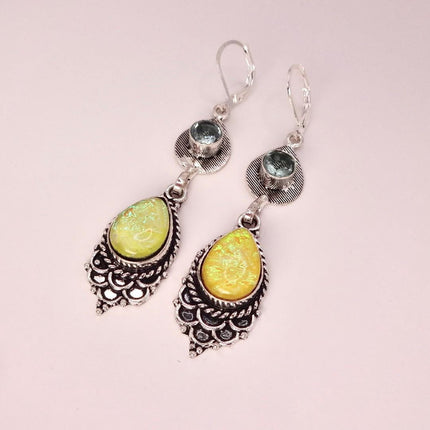 Vintage Green Yellow Glass Dangle Earrings Sterling Silver Leverbacks