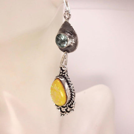 Vintage Green Yellow Glass Dangle Earrings Sterling Silver Leverbacks