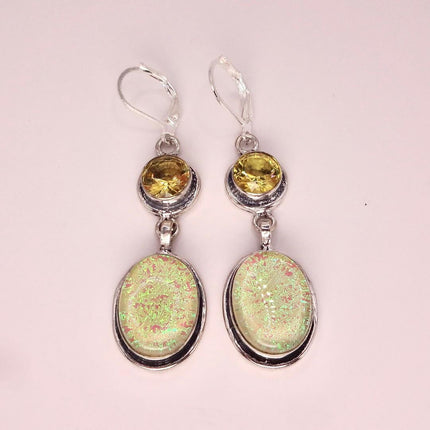 Vintage Green Yellow Glass Dangle Earrings Sterling Silver Leverbacks