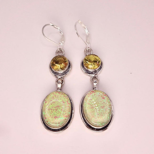 Vintage Green Yellow Glass Dangle Earrings Sterling Silver Leverbacks