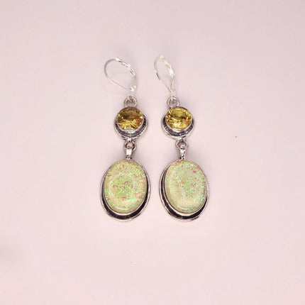 Vintage Green Yellow Glass Dangle Earrings Sterling Silver Leverbacks