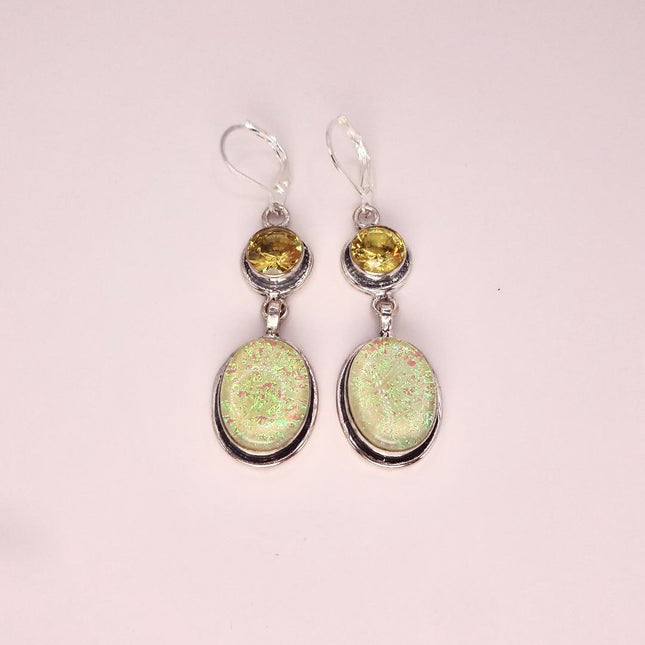 Vintage Green Yellow Glass Dangle Earrings Sterling Silver Leverbacks