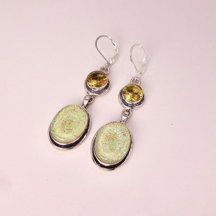 Vintage Green Yellow Glass Dangle Earrings Sterling Silver Leverbacks