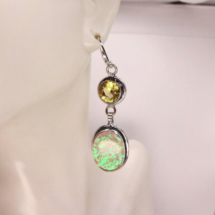 Vintage Green Yellow Glass Dangle Earrings Sterling Silver Leverbacks
