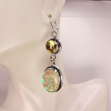 Vintage Green Yellow Glass Dangle Earrings Sterling Silver Leverbacks