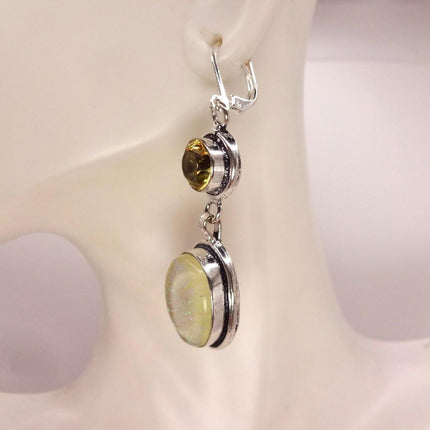 Vintage Green Yellow Glass Dangle Earrings Sterling Silver Leverbacks