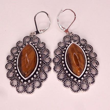Vintage Tigers Eye Dangle Earrings Sterling Silver Leverbacks