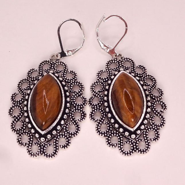 Vintage Tigers Eye Dangle Earrings Sterling Silver Leverbacks