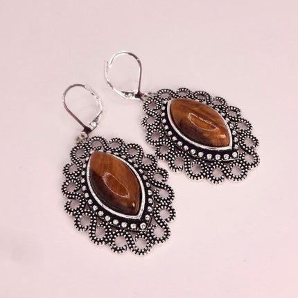 Vintage Tigers Eye Dangle Earrings Sterling Silver Leverbacks