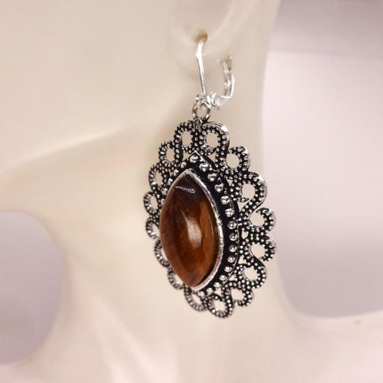 Vintage Tigers Eye Dangle Earrings Sterling Silver Leverbacks
