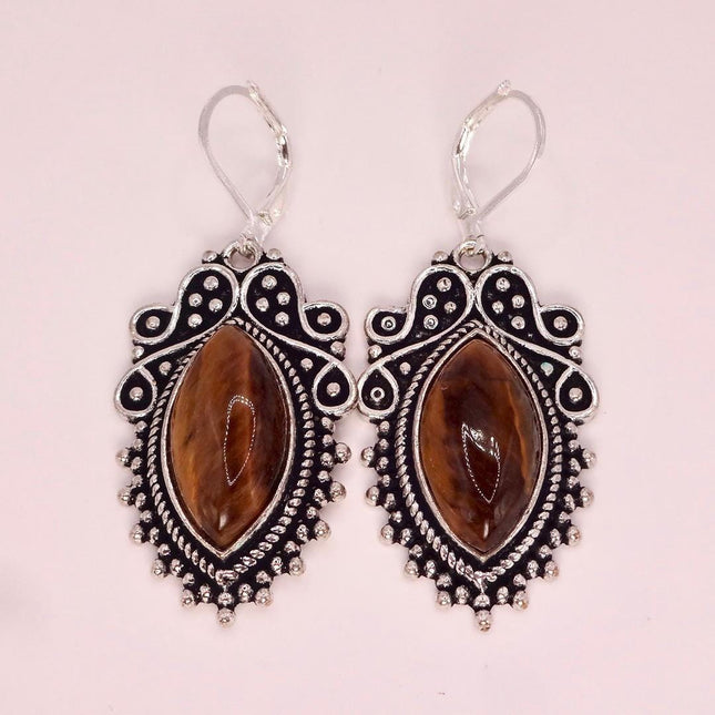 Vintage Tigers Eye Dangle Earrings Sterling Silver Leverbacks