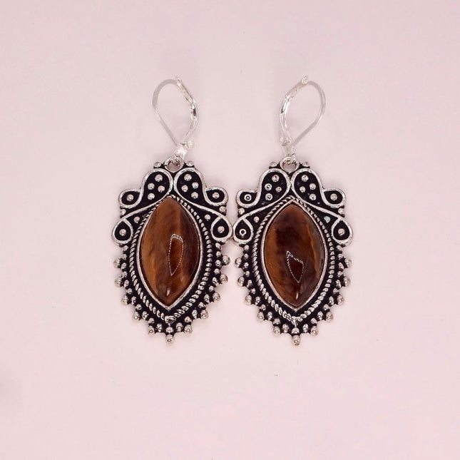 Vintage Tigers Eye Dangle Earrings Sterling Silver Leverbacks