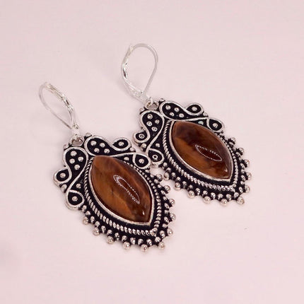 Vintage Tigers Eye Dangle Earrings Sterling Silver Leverbacks