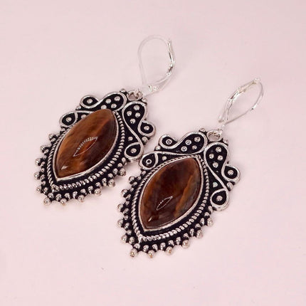 Vintage Tigers Eye Dangle Earrings Sterling Silver Leverbacks