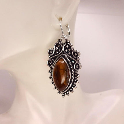 Vintage Tigers Eye Dangle Earrings Sterling Silver Leverbacks