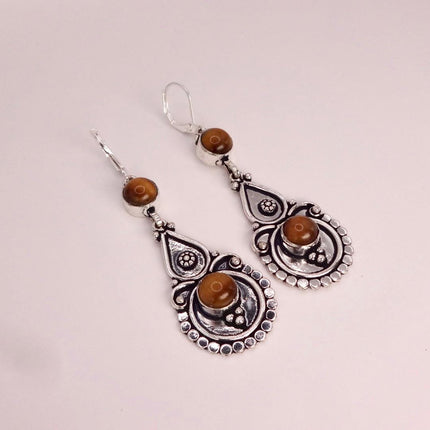 Vintage Tigers Eye Dangle Earrings Sterling Silver Leverbacks