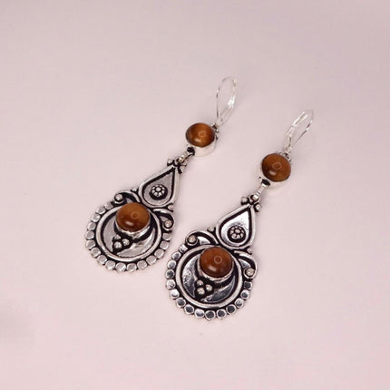 Vintage Tigers Eye Dangle Earrings Sterling Silver Leverbacks