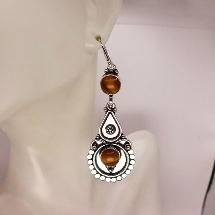 Vintage Tigers Eye Dangle Earrings Sterling Silver Leverbacks