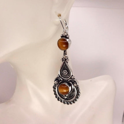 Vintage Tigers Eye Dangle Earrings Sterling Silver Leverbacks