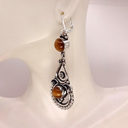 Vintage Tigers Eye Dangle Earrings Sterling Silver Leverbacks