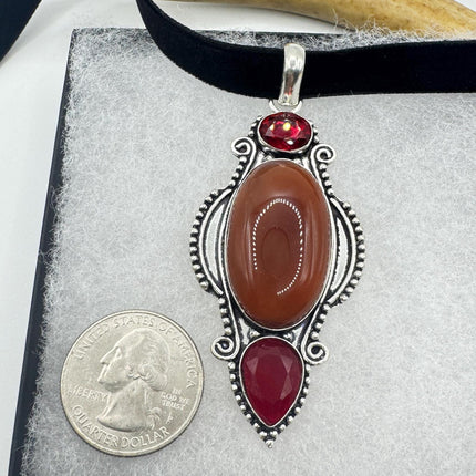 Vintage Red Carnelian Chunky Pendant Ribbon Choker Necklace | Silver Necklace