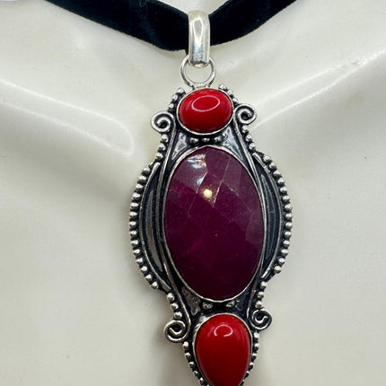 Vintage Pink Ruby Choker Necklace - Bronze Silver