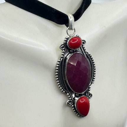 Vintage Pink Ruby Choker Necklace - Bronze Silver