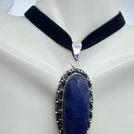 Vintage Raw Blue Sapphire Silver Boho Statement Necklace