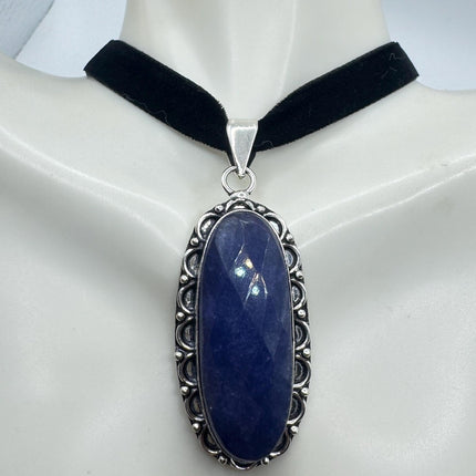 Vintage Raw Blue Sapphire Silver Boho Statement Necklace
