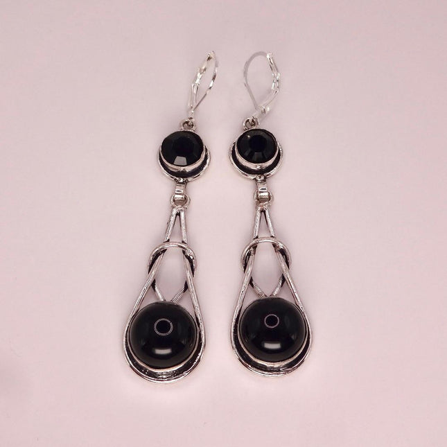 Vintage Black Onyx Dangle Earrings Sterling Silver Leverbacks