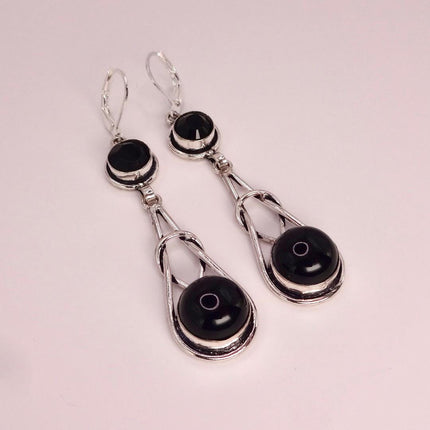 Vintage Black Onyx Dangle Earrings Sterling Silver Leverbacks