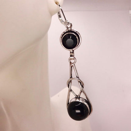 Vintage Black Onyx Dangle Earrings Sterling Silver Leverbacks