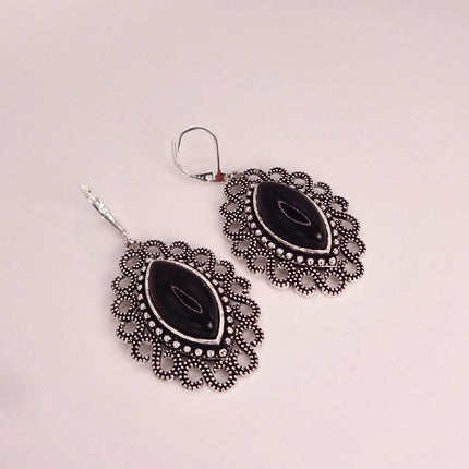 Vintage Black Onyx Dangle Earrings Sterling Silver Leverbacks
