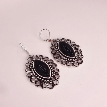 Vintage Black Onyx Dangle Earrings Sterling Silver Leverbacks