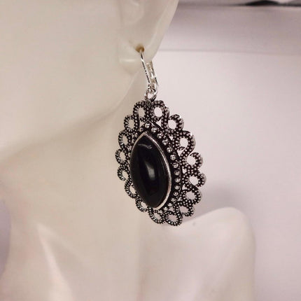 Vintage Black Onyx Dangle Earrings Sterling Silver Leverbacks
