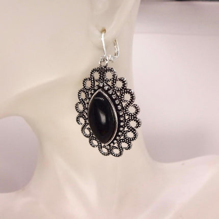 Vintage Black Onyx Dangle Earrings Sterling Silver Leverbacks