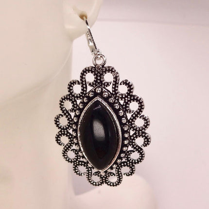 Vintage Black Onyx Dangle Earrings Sterling Silver Leverbacks