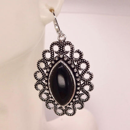 Vintage Black Onyx Dangle Earrings Sterling Silver Leverbacks