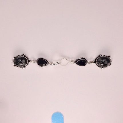 Vintage Snowflake obsidian Black Onyx Dangle Earrings Sterling Silver Leverbacks