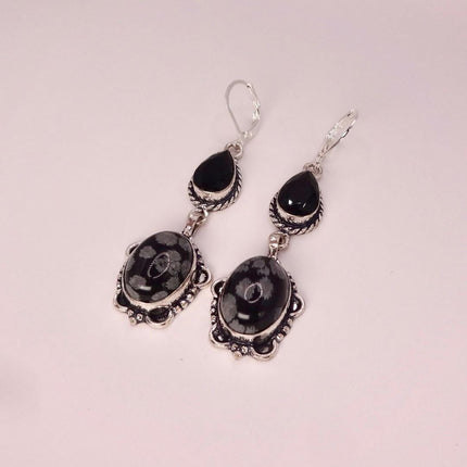 Vintage Snowflake obsidian Black Onyx Dangle Earrings Sterling Silver Leverbacks